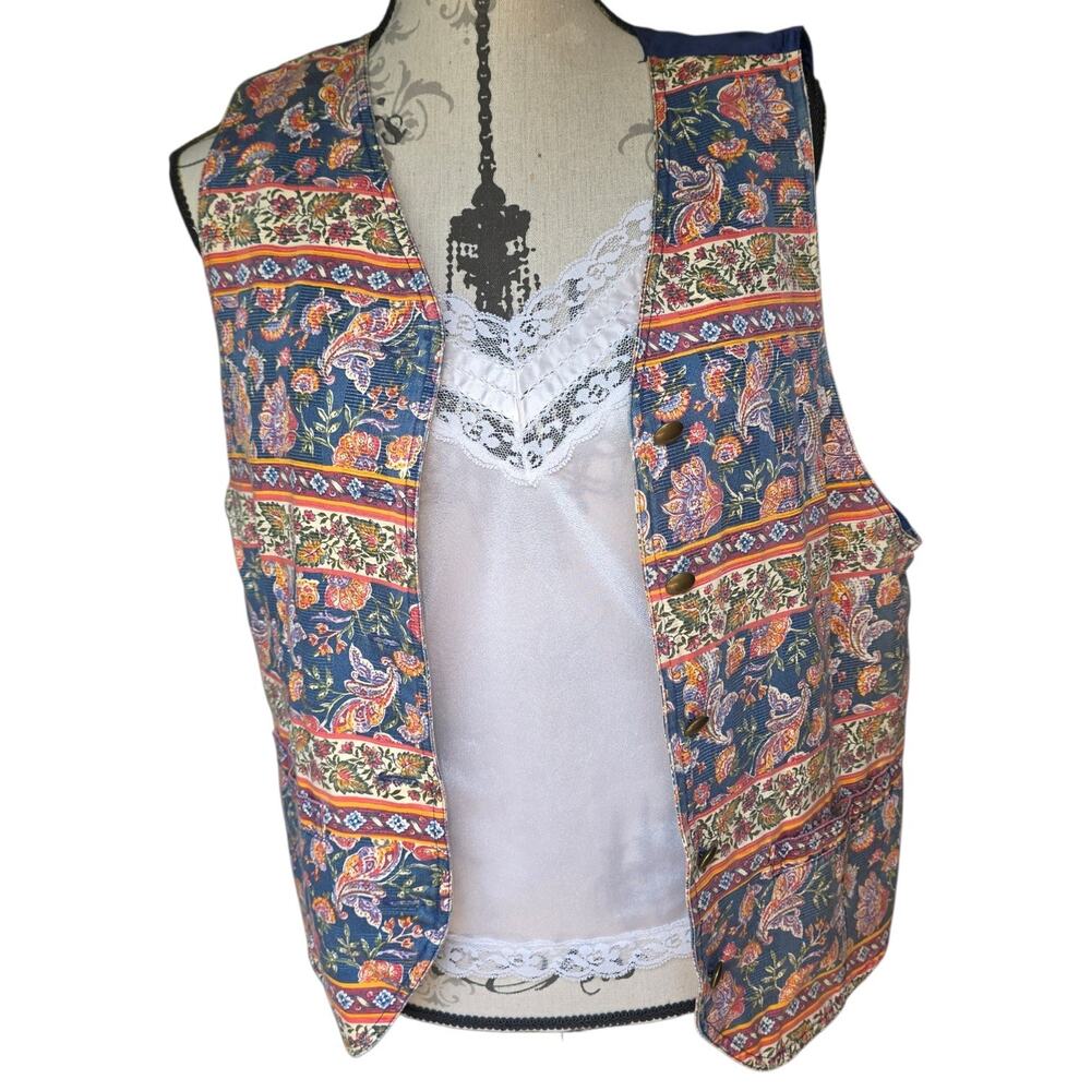 Vintage Cottagecore Boho Tapestry Vest Paisley Navy Blue LizWear Size Large
